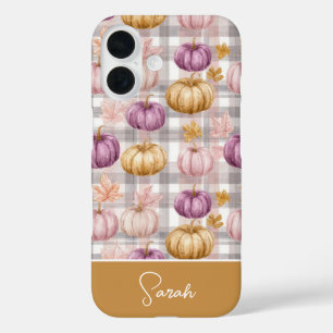 Custom Pumpkin and Flowers plaid  pattern  iPhone 16 Case