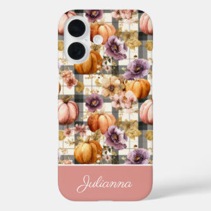 Custom Pumpkin and Flowers plaid pattern iPhone 16 Case