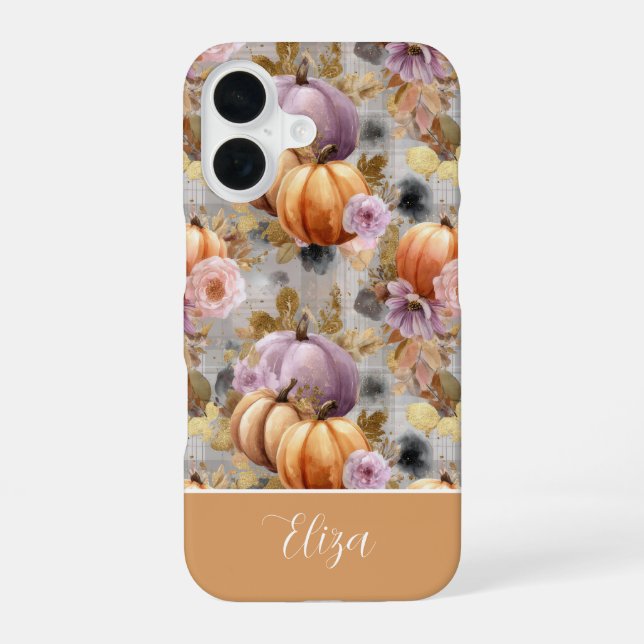 Custom Pumpkin and Flowers plaid  pattern  iPhone 16 Case (Back)