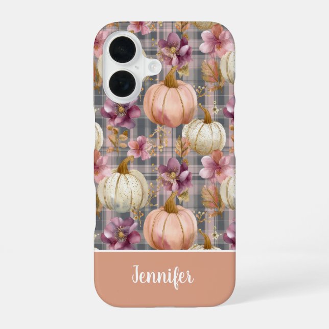 Custom Pumpkin and Flowers plaid  pattern  iPhone 16 Case (Back)