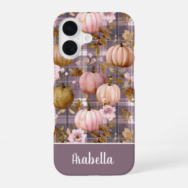 Custom Pumpkin and Flowers plaid  pattern  iPhone 16 Case (Back)