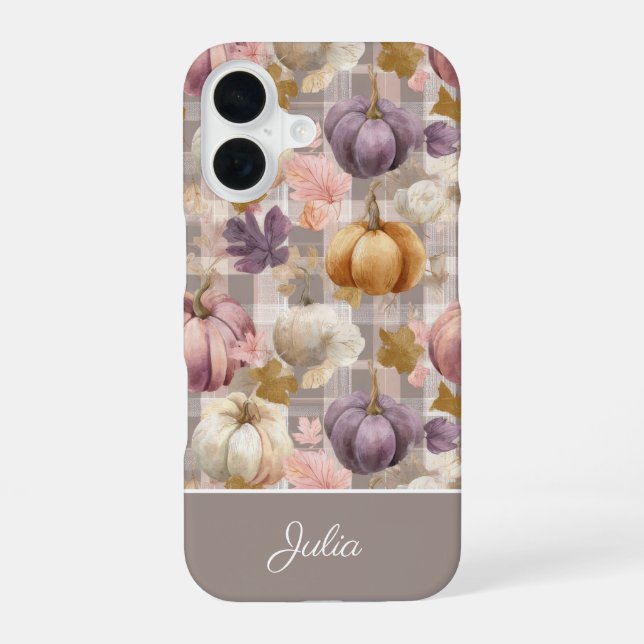 Custom Pumpkin and Flowers plaid  pattern  iPhone 16 Case (Back)