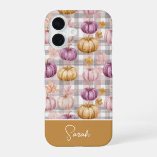 Custom Pumpkin and Flowers plaid pattern iPhone 16 Case