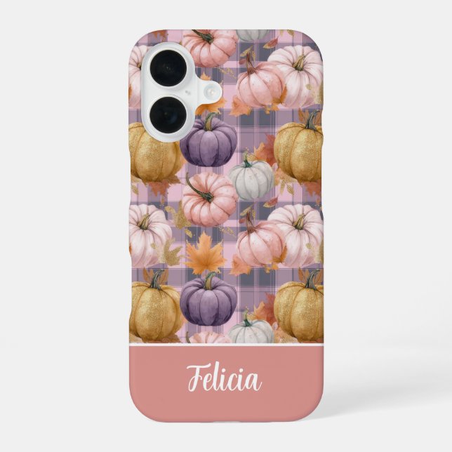 Custom Pumpkin and Flowers plaid  pattern  iPhone 16 Case (Back)
