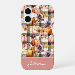 Custom Pumpkin and Flowers plaid pattern iPhone 16 Case