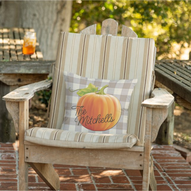 Custom Pumpkin Autumn Beige Brown Gingham Pattern Cushion (Chair)