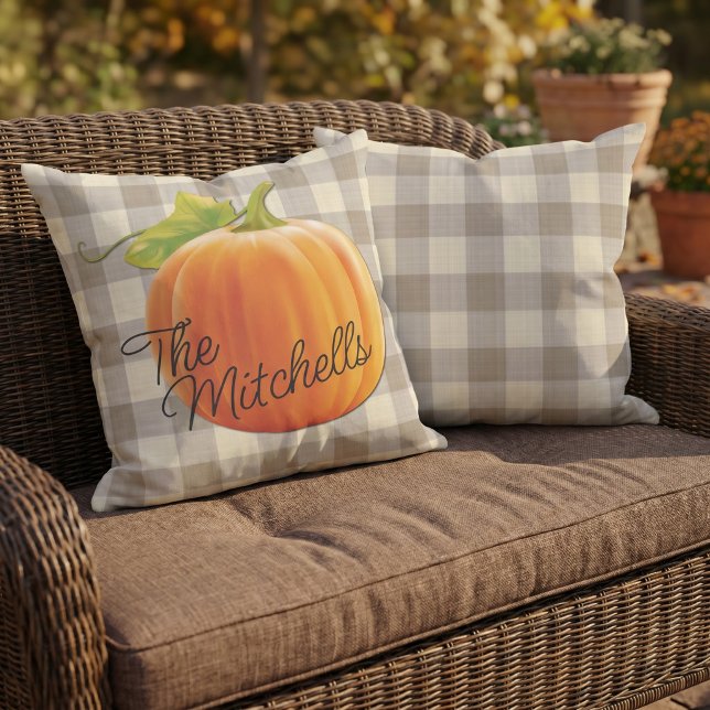 Custom Pumpkin Autumn Beige Brown Gingham Pattern Cushion (Creator Uploaded)