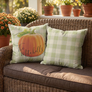 Custom Pumpkin Fall Light Green Gingham Pattern Cushion