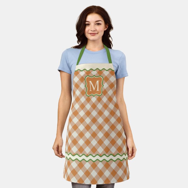 Custom Pumpkin Fall Orange Green Ivory Gingham Apron (Worn)