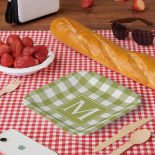 Custom Pumpkin Leaves Green Gingham Pattern Paper Plate