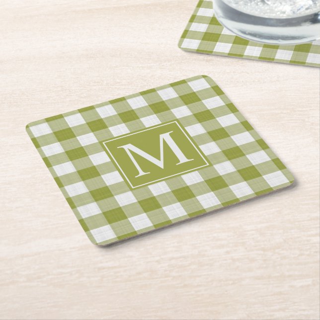 Custom Pumpkin Leaves Green Gingham Pattern Square Paper Coaster (Angled)