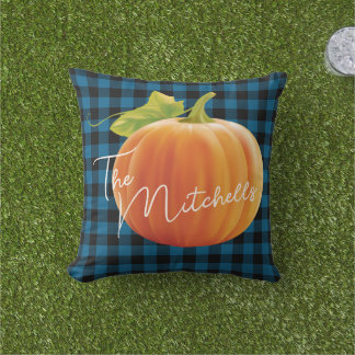 Custom Pumpkin On Blue Black Check Pattern Cushion