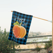 Custom Pumpkin On Blue Black Check Pattern
