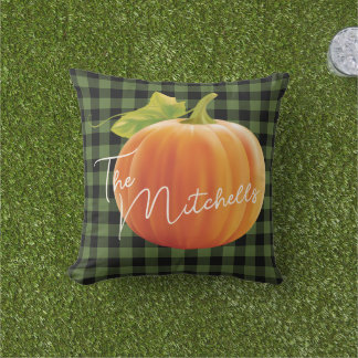 Custom Pumpkin On Green Black Check Pattern Cushion