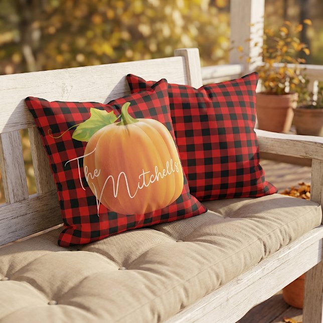 Custom Pumpkin On Red Black Check Pattern Cushion (Creator Uploaded)