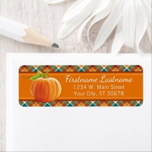 Custom Pumpkin Orange Autumn Plaid Squares Pattern Return Address Label
