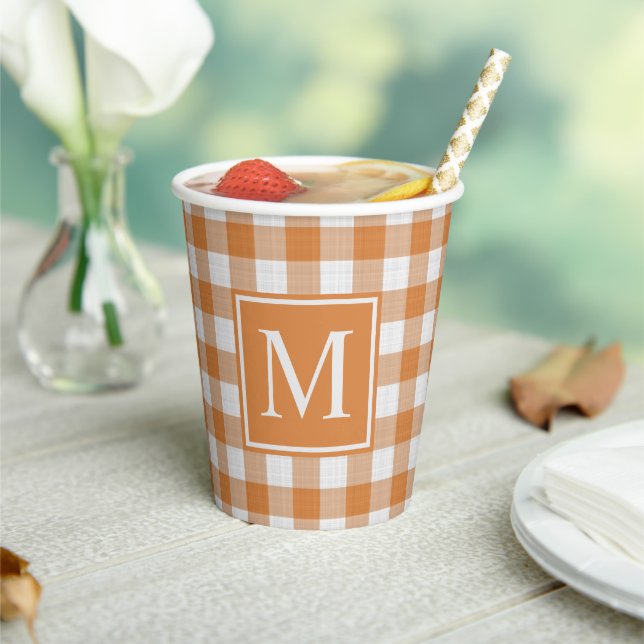 Custom Pumpkin Orange Gingham Pattern Paper Cups (Insitu)