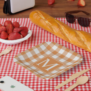 Custom Pumpkin Orange Gingham Pattern Paper Plate