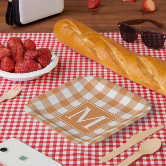 Custom Pumpkin Orange Gingham Pattern Paper Plate (Picnic)