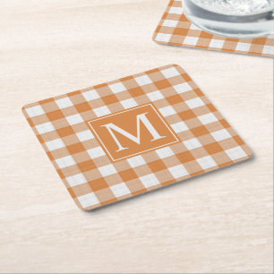 Custom Pumpkin Orange Gingham Pattern Square Paper Coaster