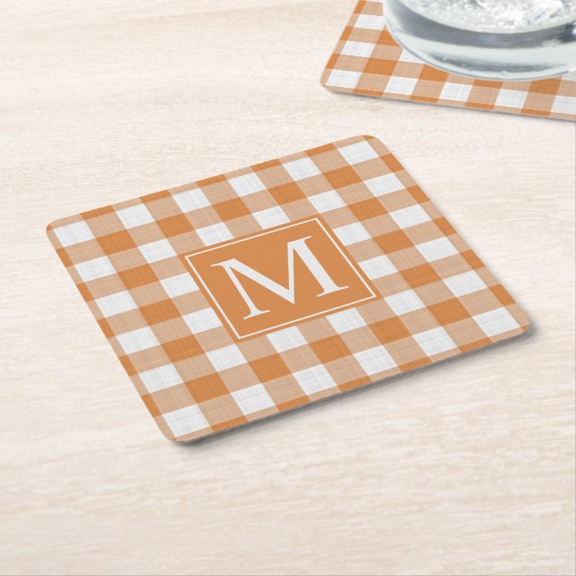 Custom Pumpkin Orange Gingham Pattern Square Paper Coaster (Angled)