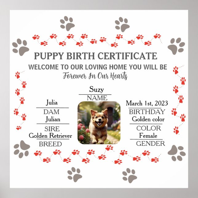 Custom Puppy Birth Certificate Poster (Front)