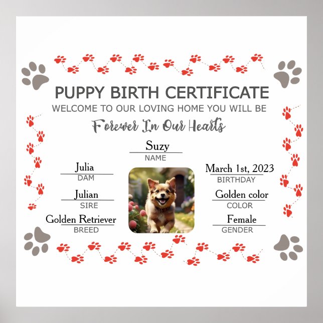 Custom Puppy Birth Certificate Poster (Front)