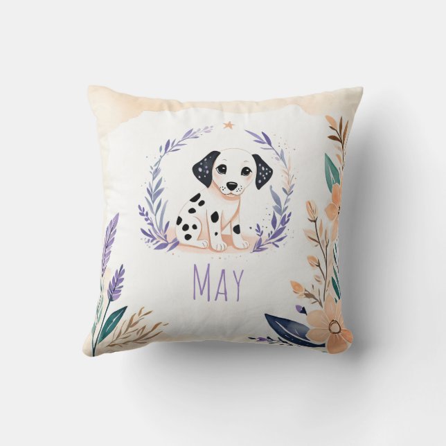 Custom Puppy Dalmatian Pillow Boho Floral Design   (Back)