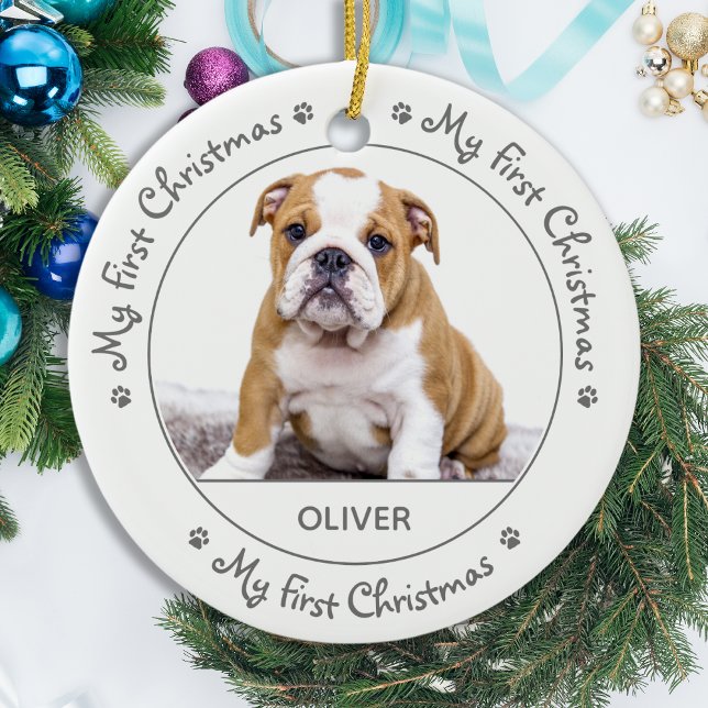 Custom Puppy Dog Pet Photo My First Christmas Ceramic Ornament (Creator Uploaded)