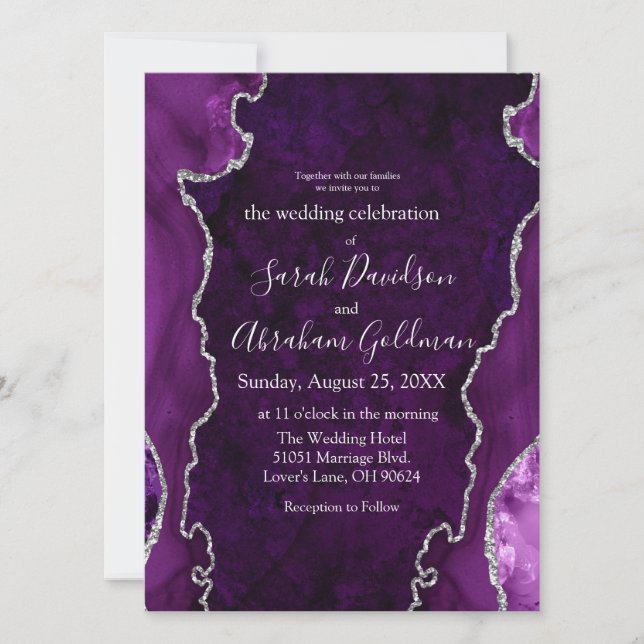 Custom Purple Agate Silver Glitter Wedding Invitation (Front)
