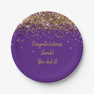 Custom Purple and Gold Graduation Party Glitter Paper Plate