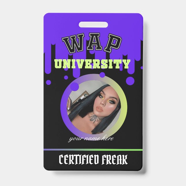 Custom Purple and Green WAP ID freak by Cardi B Badge (Front)