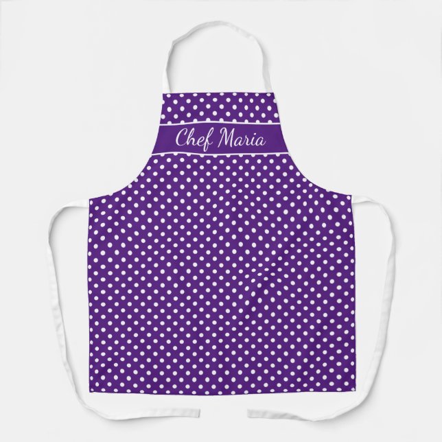 Custom purple and white polka dots print cooking apron (Front)