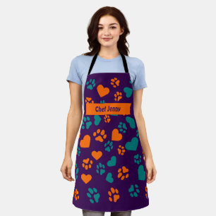 Custom Purple Apron with Orange & Teal Paw Prints