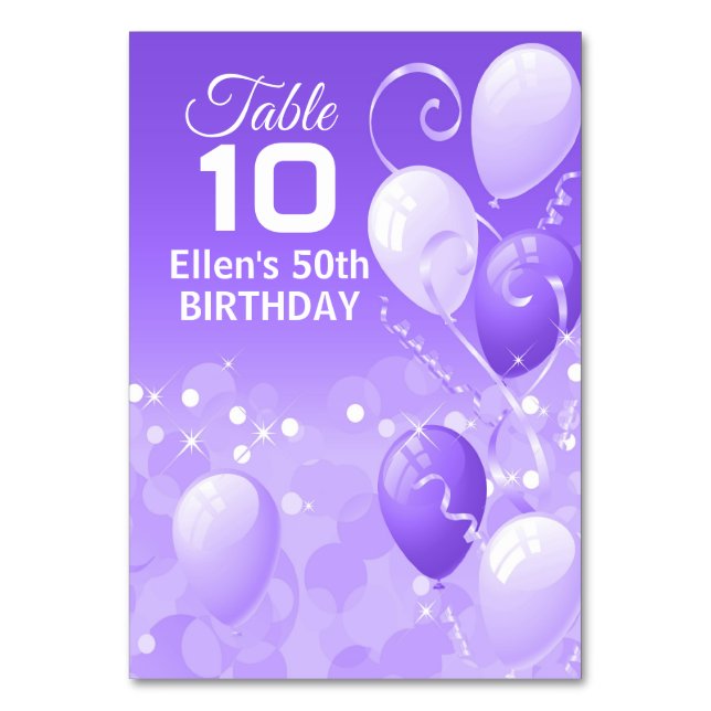 Custom Purple Balloons Coordinating Table Number (Front)