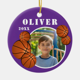 Custom Purple Basketball Ball Sports Photo Ceramic Ornament