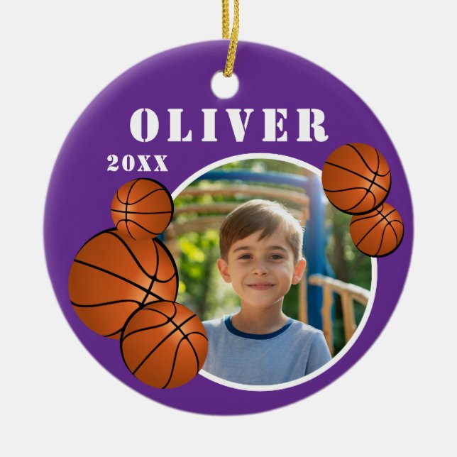 Custom Purple Basketball Ball Sports Photo Ceramic Ornament (Front)