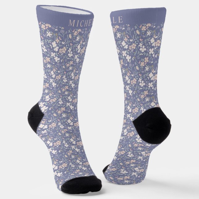 Custom Purple Blue Floral Pink White Flowers Socks (Angled)