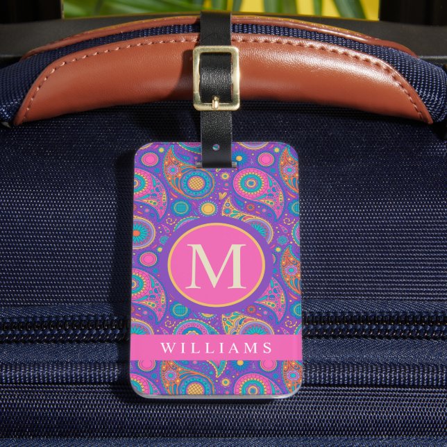 Custom Purple Blue Pink Paisley Pattern Luggage Tag (Front Insitu 2)