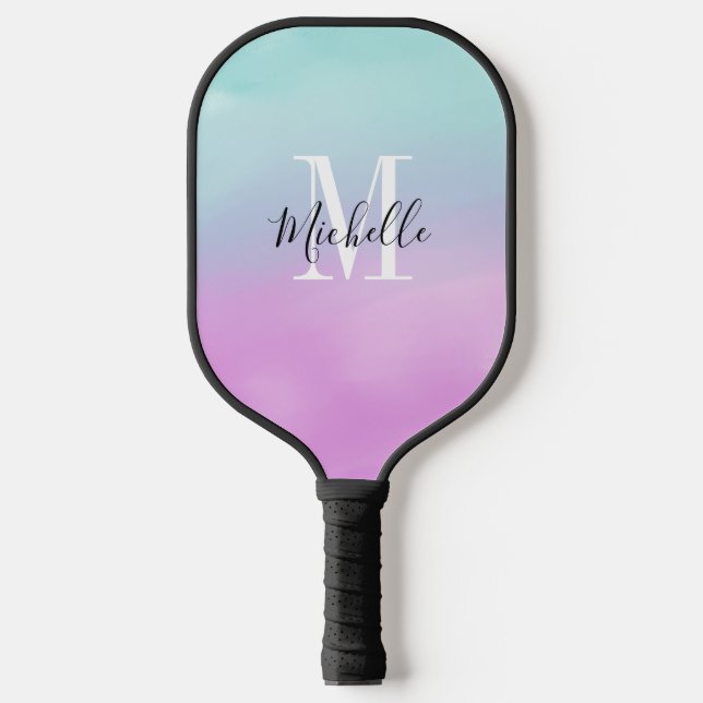Custom Purple Blue Teal Gradient Name and Initial Pickleball Paddle (Front)