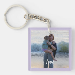 Custom Purple Border Photo White Love Script  Key Ring