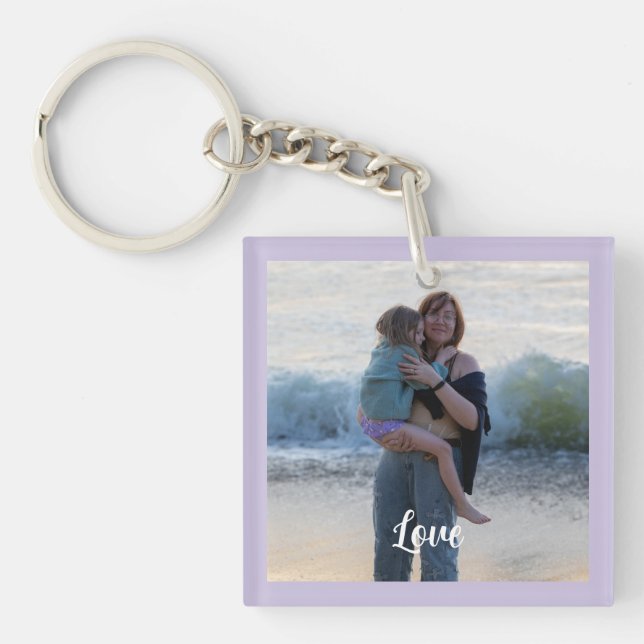 Custom Purple Border Photo White Love Script  Key Ring (Front)
