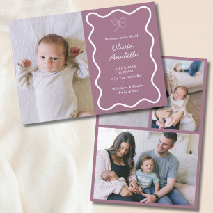 Custom Purple Bow Wavy Boho Collage Baby Birth Announcement