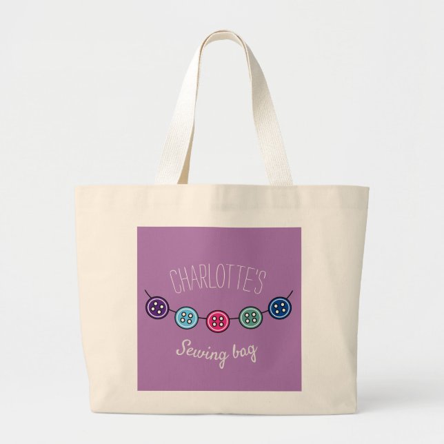 Custom purple & cream button thread button sewing large tote bag (Front)