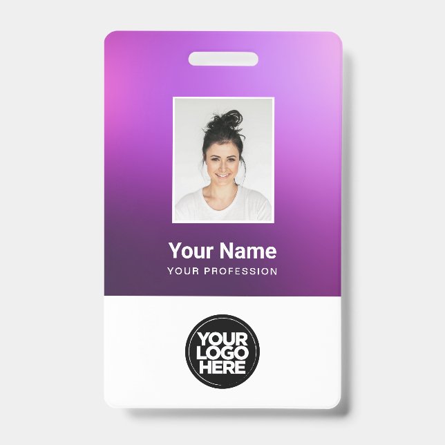 Custom Purple Employee Photo, Bar Code, Logo, Name ID Badge (Front)