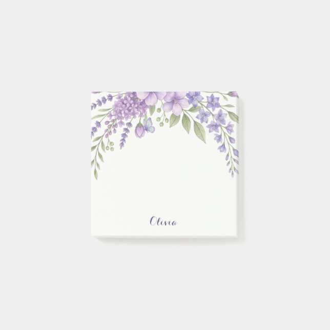 Custom Purple Floral Sticky Notes, Personalised Post-it Notes (Front)