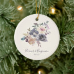 Custom Purple Floral Watercolor Wedding Favour Ceramic Ornament<br><div class="desc">Celebrate the love and commitment of newlyweds or mark a special anniversary with this elegant ceramic ornament. Featuring a beautiful watercolor design in shades of purple, the ornament is personalised with the bride and groom's names and their wedding date. The delicate floral accents create a romantic and timeless keepsake that...</div>
