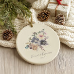 Custom Purple Floral Watercolor Wedding Favour Ceramic Ornament<br><div class="desc">Celebrate the love and commitment of newlyweds or mark a special anniversary with this elegant ceramic ornament. Featuring a beautiful watercolor design in shades of purple, the ornament is personalised with the bride and groom's names and their wedding date. The delicate floral accents create a romantic and timeless keepsake that...</div>