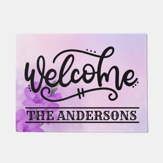 Custom Purple Floral Welcome Doormat (Front)