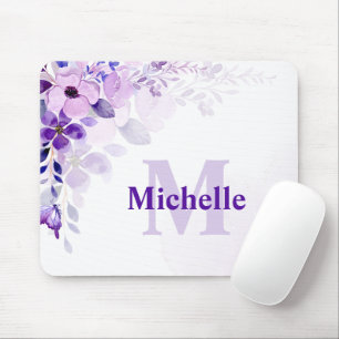 Custom Purple Floral with Name and Monogram Mouse Pad